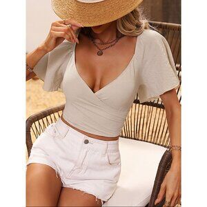 Apricot Solid Plunging Neck Butterfly Sleeve Crop Sz 6